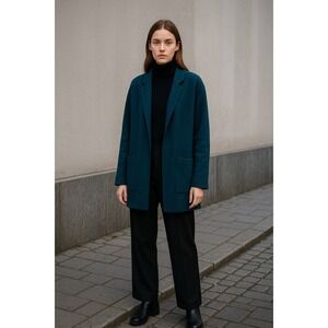 Eileen Fisher 100% Wool Open Front‎ Cardigan Coat Blue Shawl Collar Jacket XL